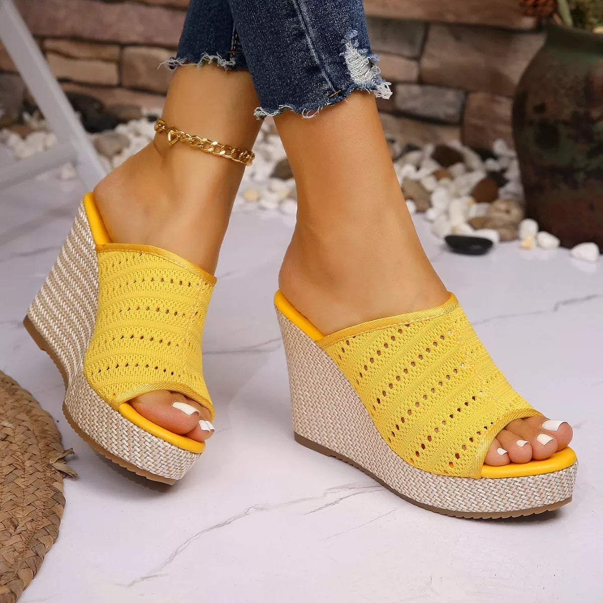 Open Toe Wedge Sandals Yellow, open-toe slide with perforated knit strap and wedge