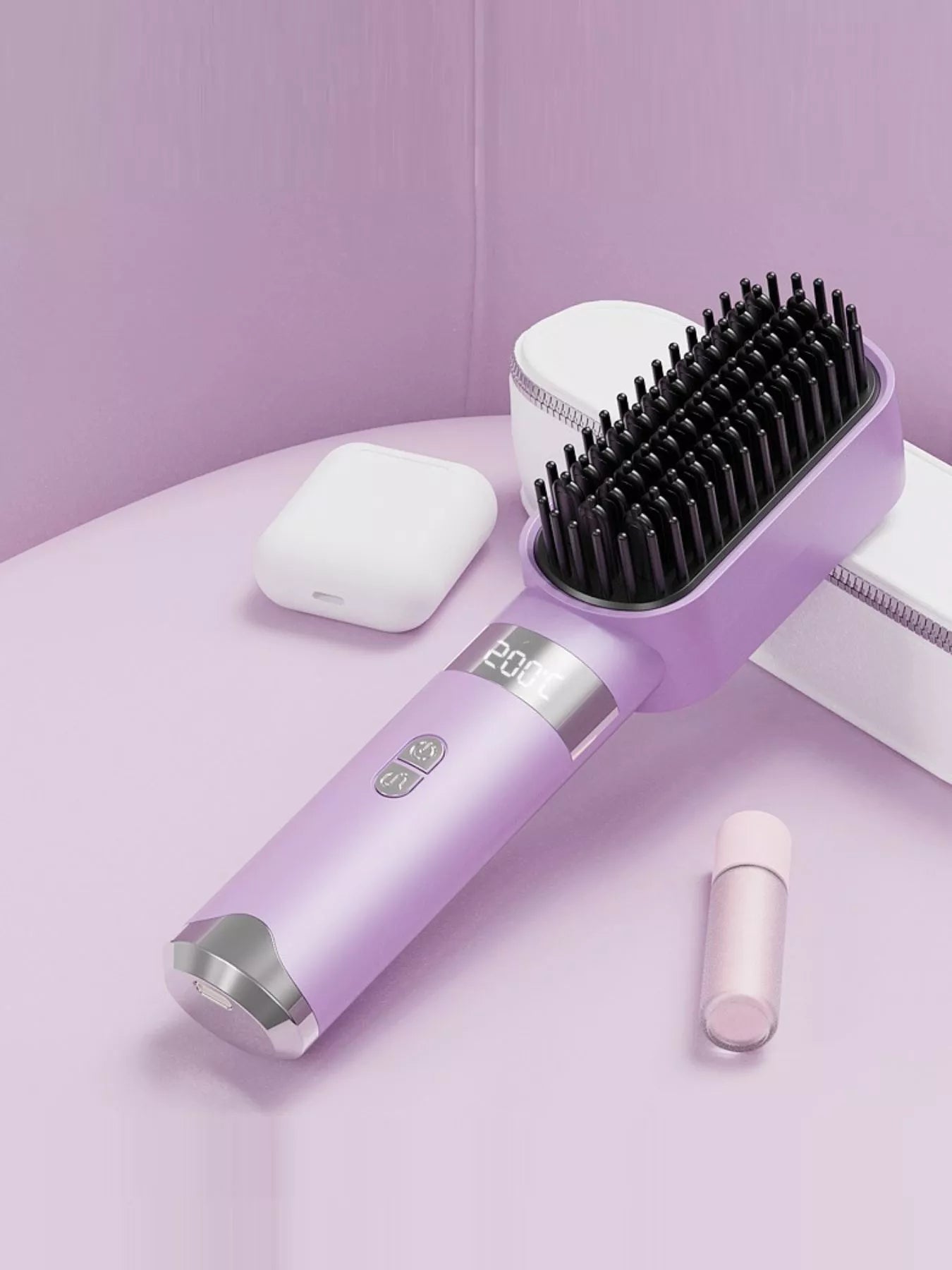 Lilac fast-heating straightening comb with LCD temperature display and black bristles