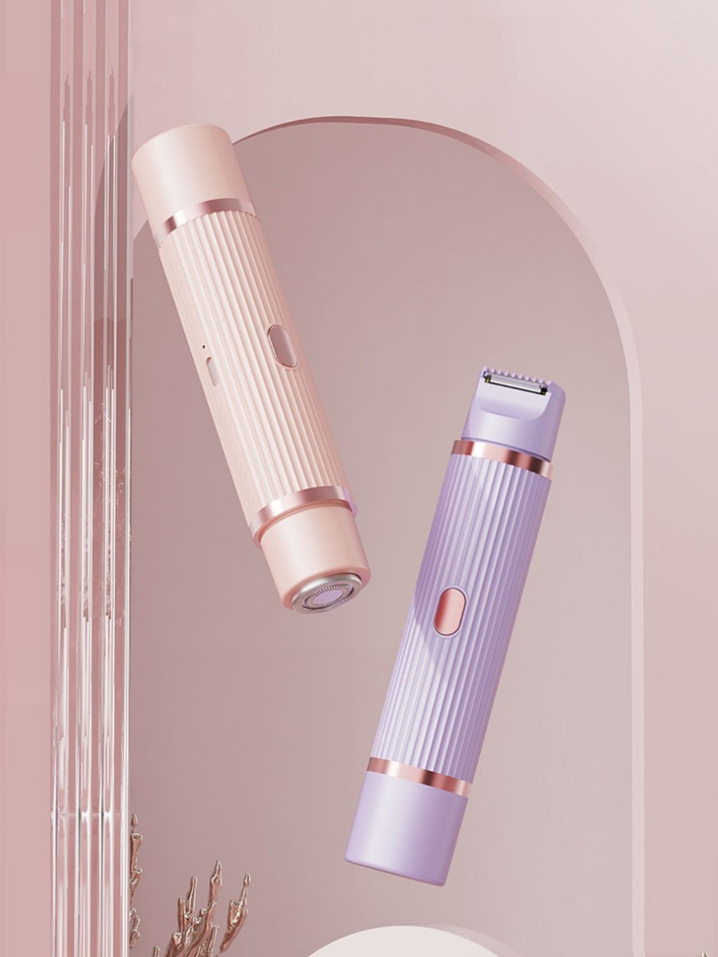 Portable hair removal epilators, blush pink and lavender, with roller head and buttons