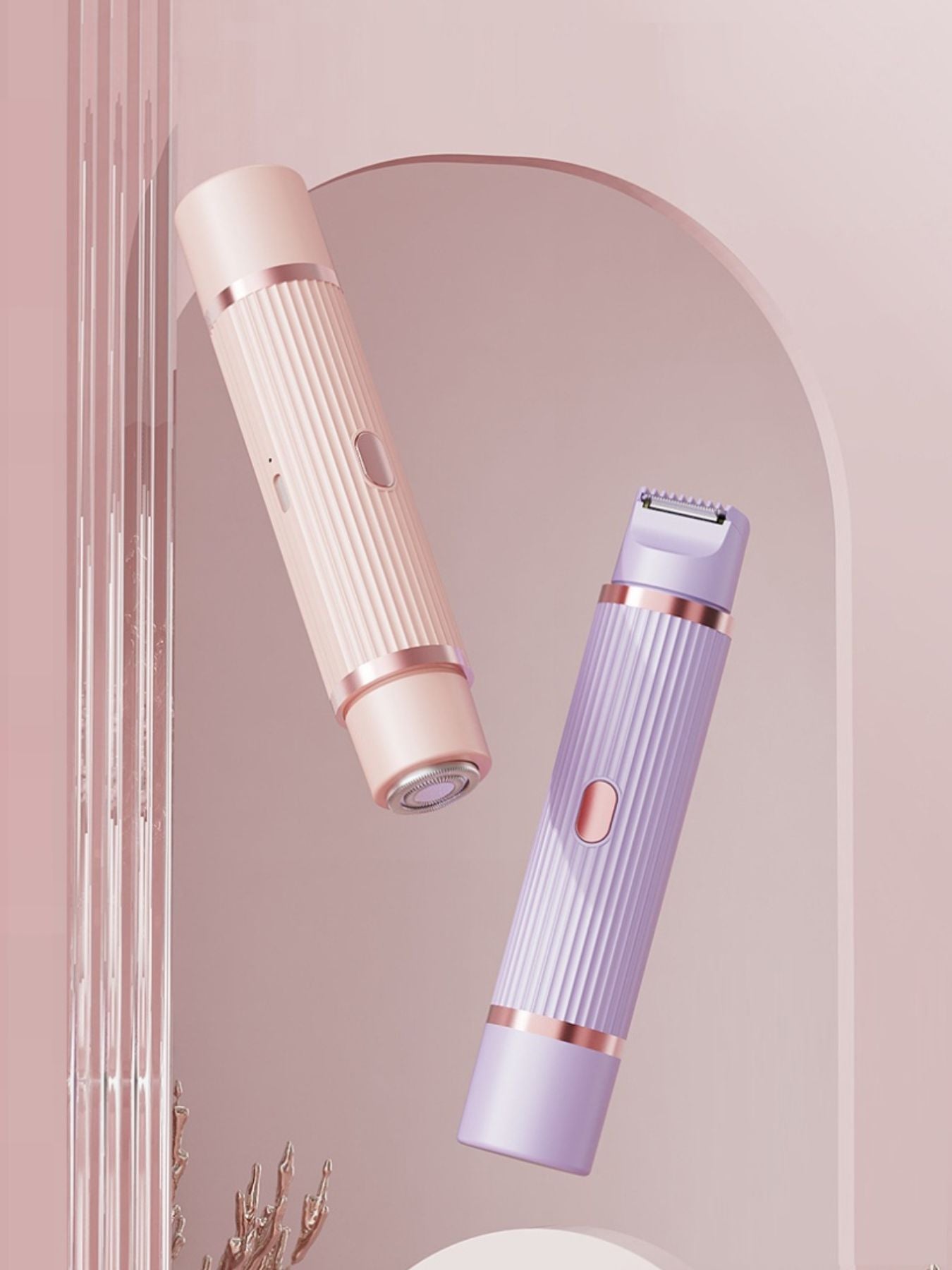Portable hair removal epilators, blush pink and lavender, with roller head and buttons