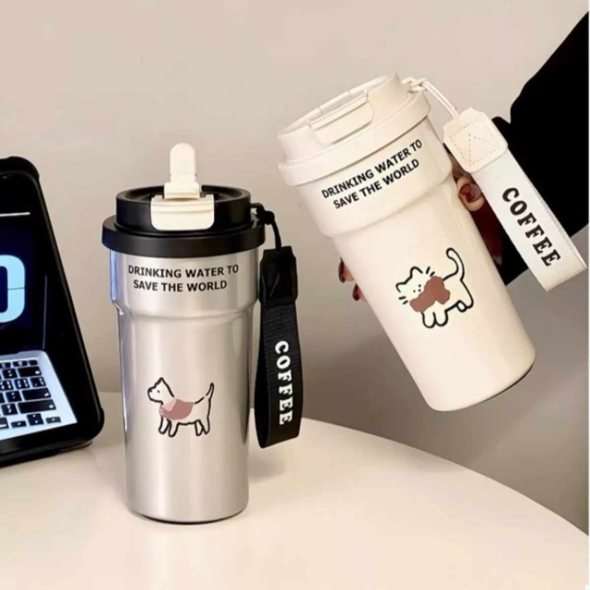 Stainless tumbler with straw, cat graphic, cream and black lids, COFFEE strap