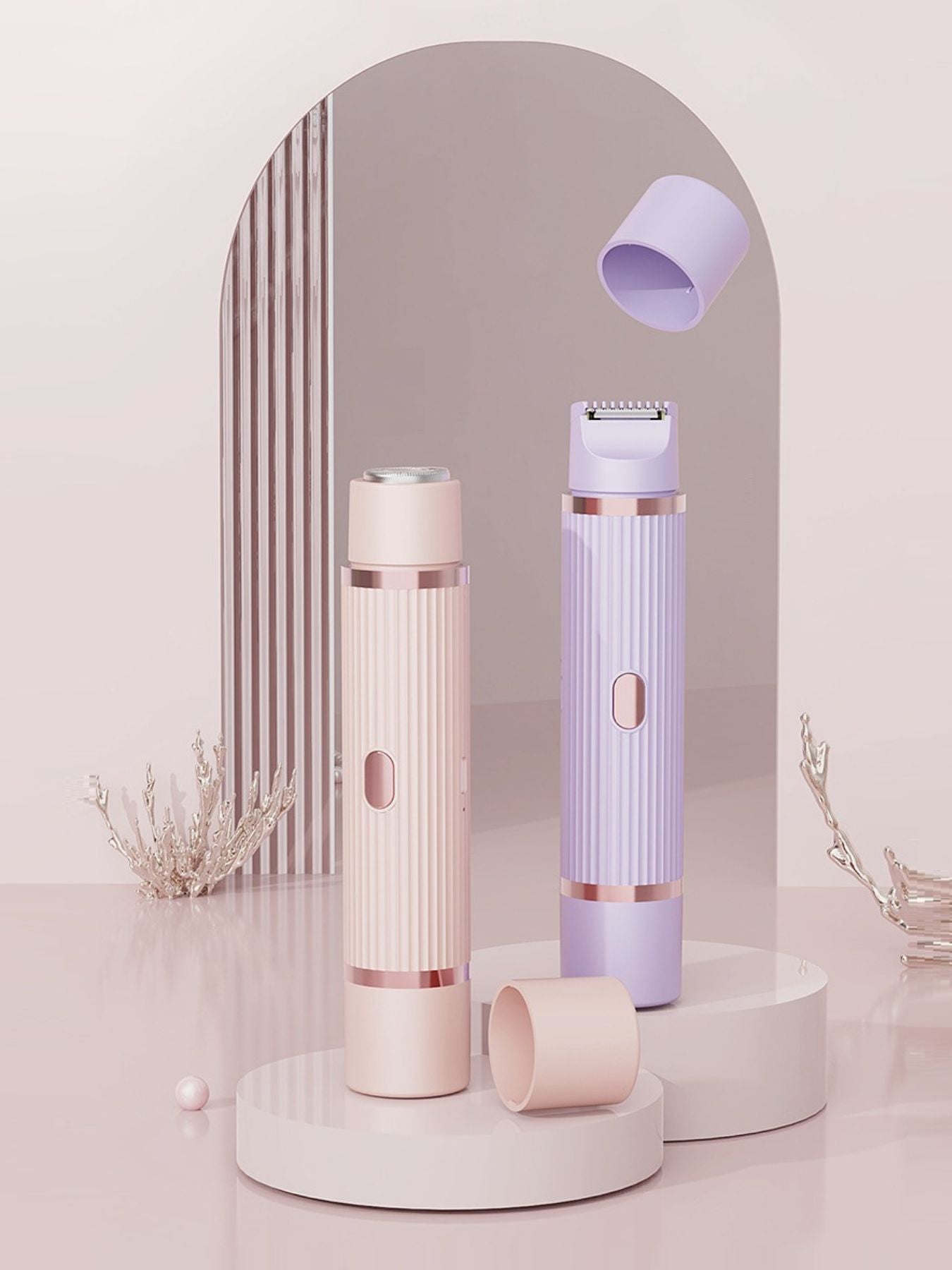 Blush pink and lavender portable hair epilator set on a round base