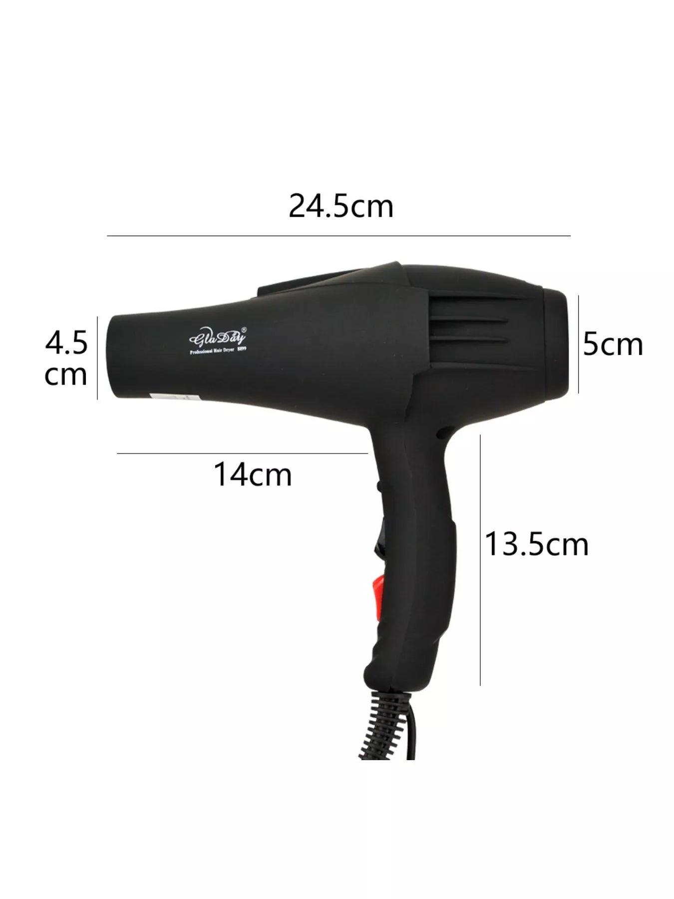 Black multi-speed hair dryer dimensions: 24.5 x 14 x 13.5 cm (approx.)