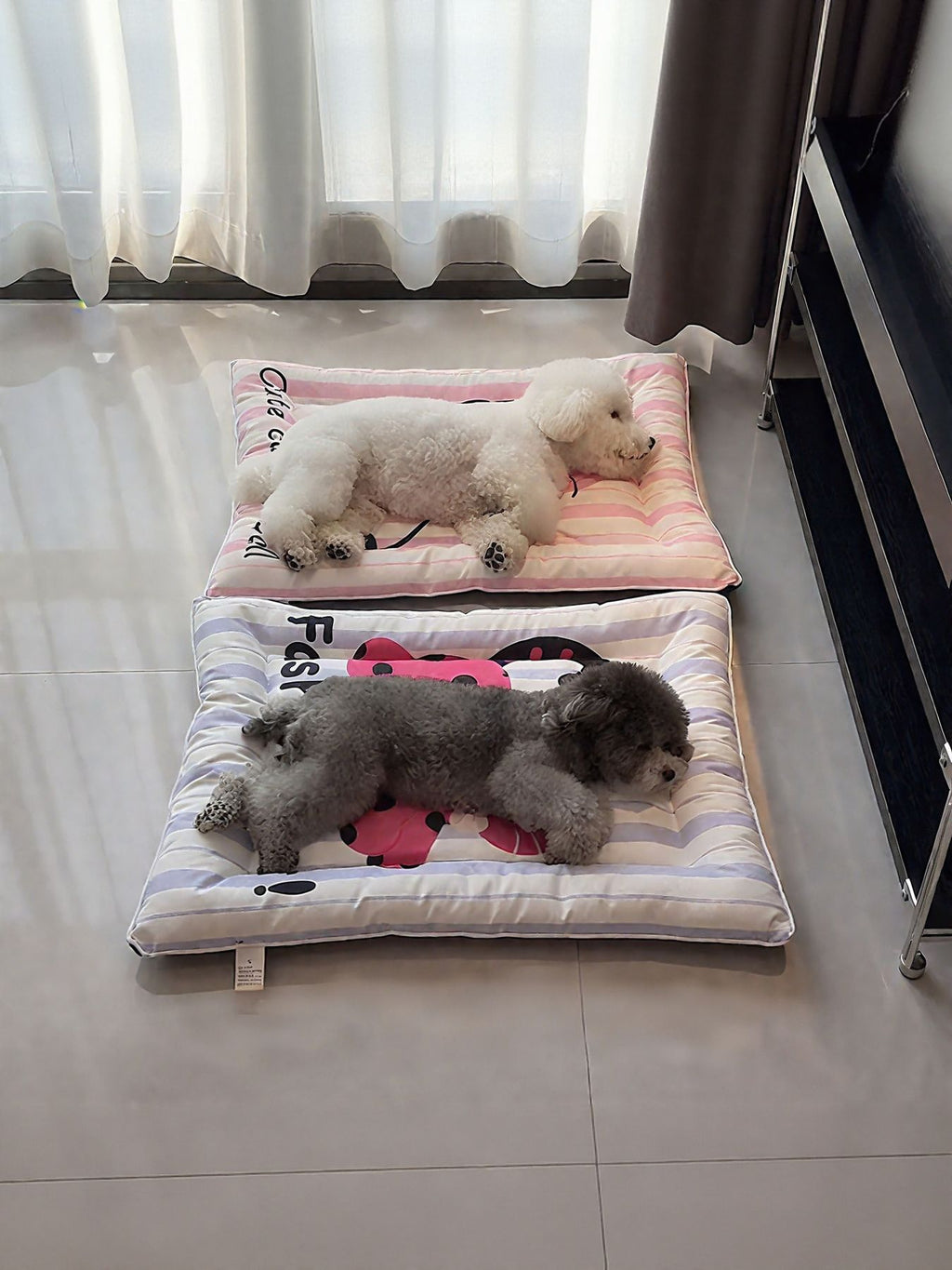 Cat Striped Pet Mat & Bed with pink-and-white striped cover and cute cat print
