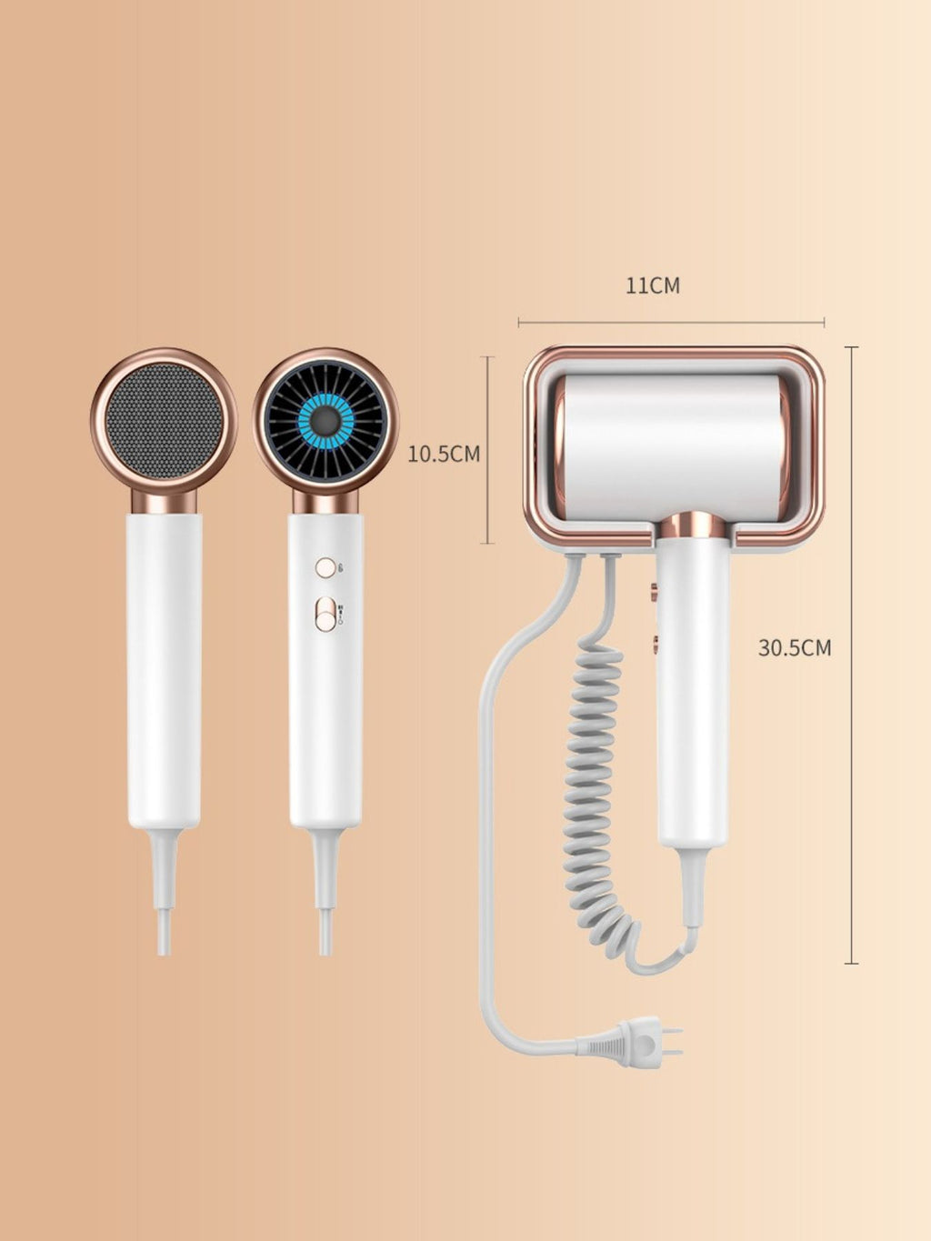 White multi-speed hair dryer with rose-gold nozzle plus two control buttons on handle