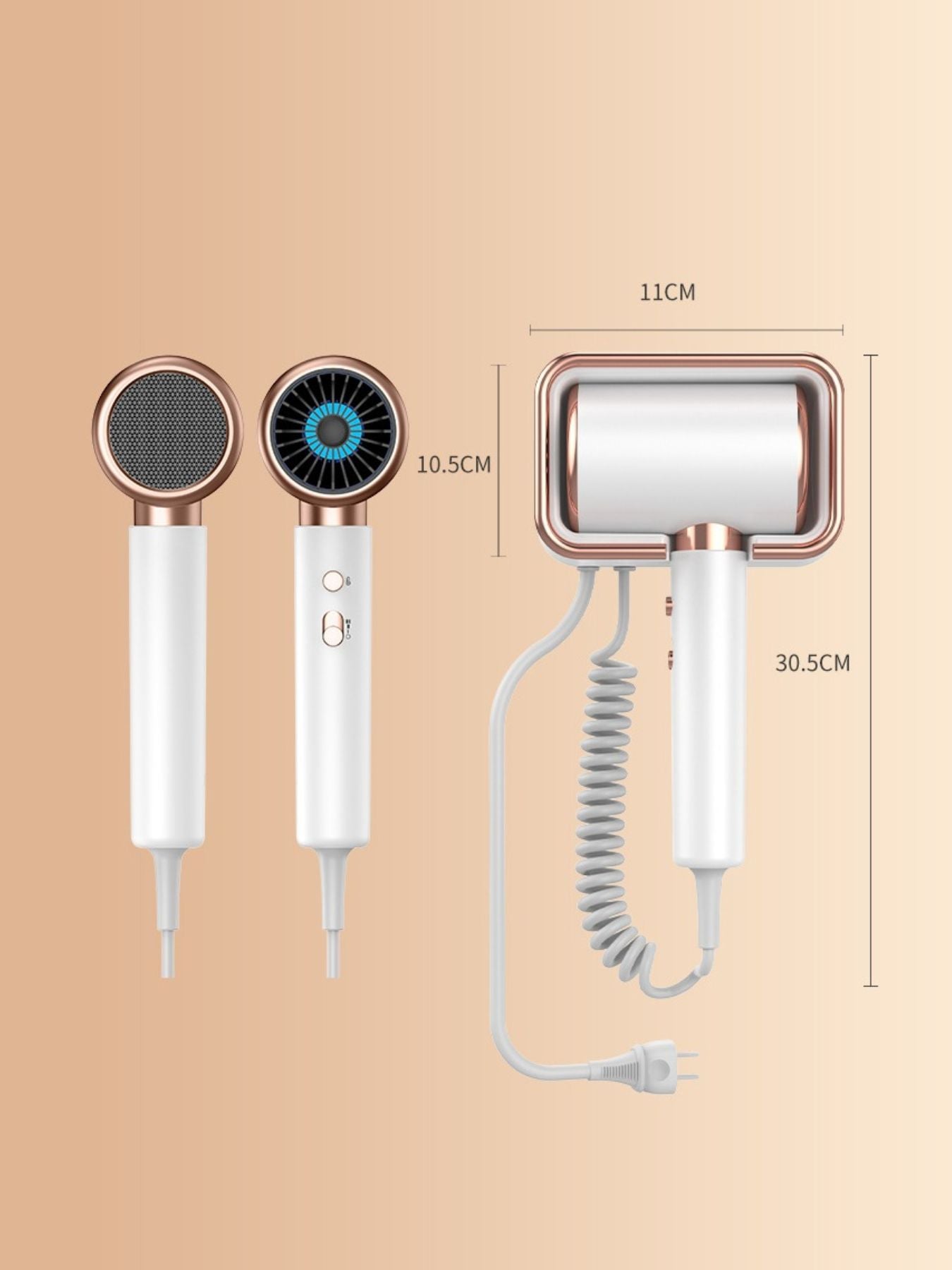 White multi-speed hair dryer with rose-gold nozzle plus two control buttons on handle