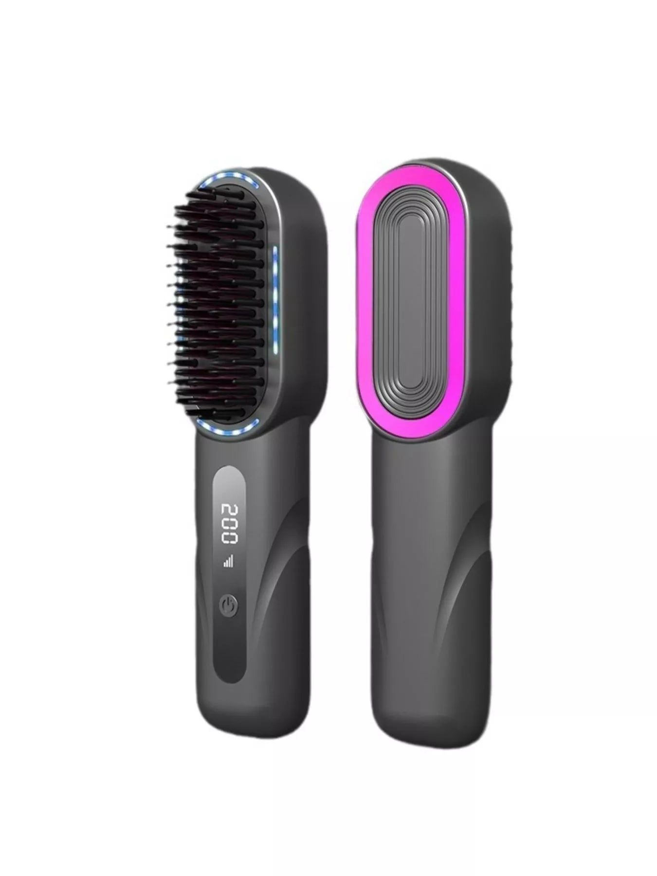 Pair of dark gray straightening combs with pink heating plate and blue-lit brush