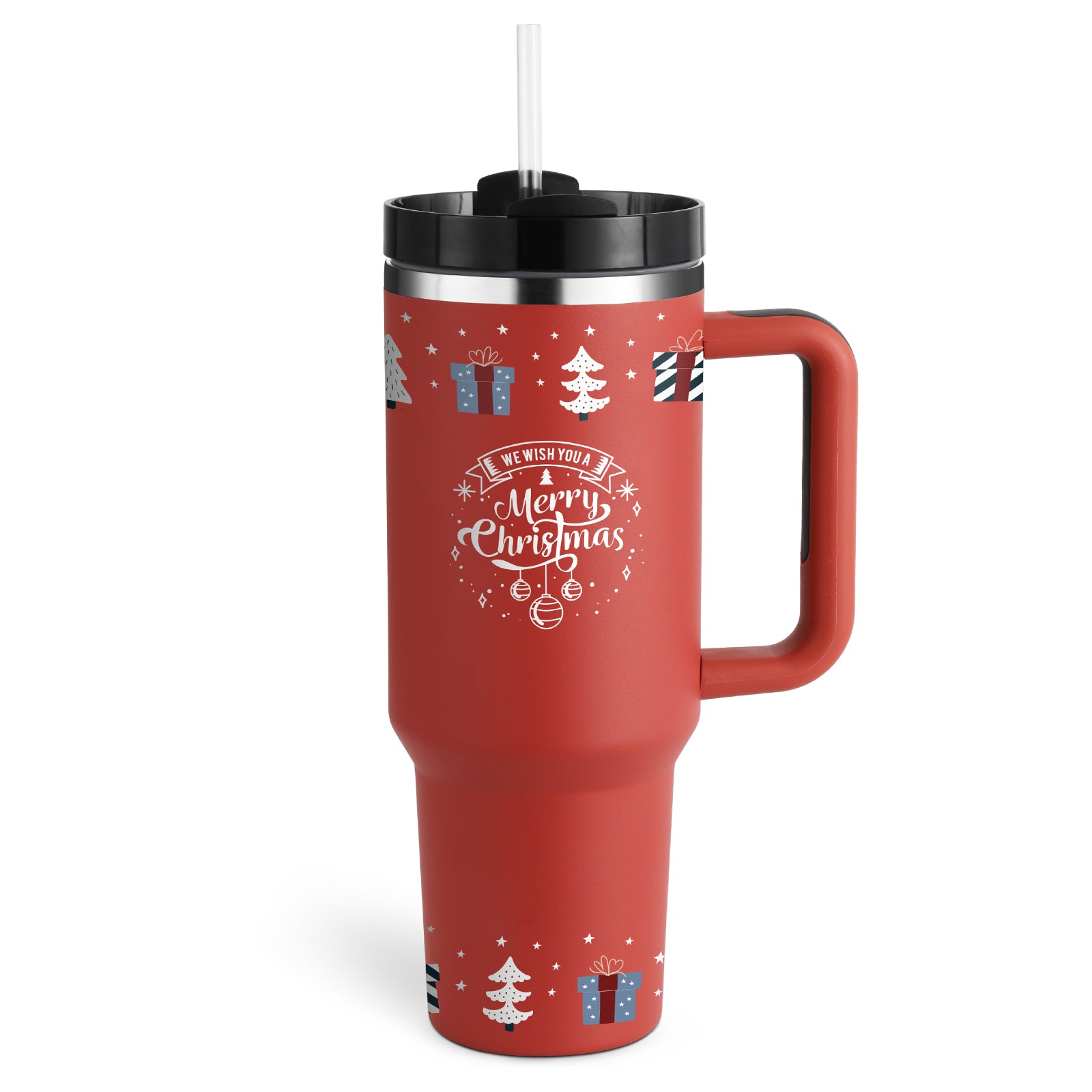 40 oz Tumbler mit Griff, rot, Weihnachtsdesign, schwarzer Deckel mit Trinkhalm