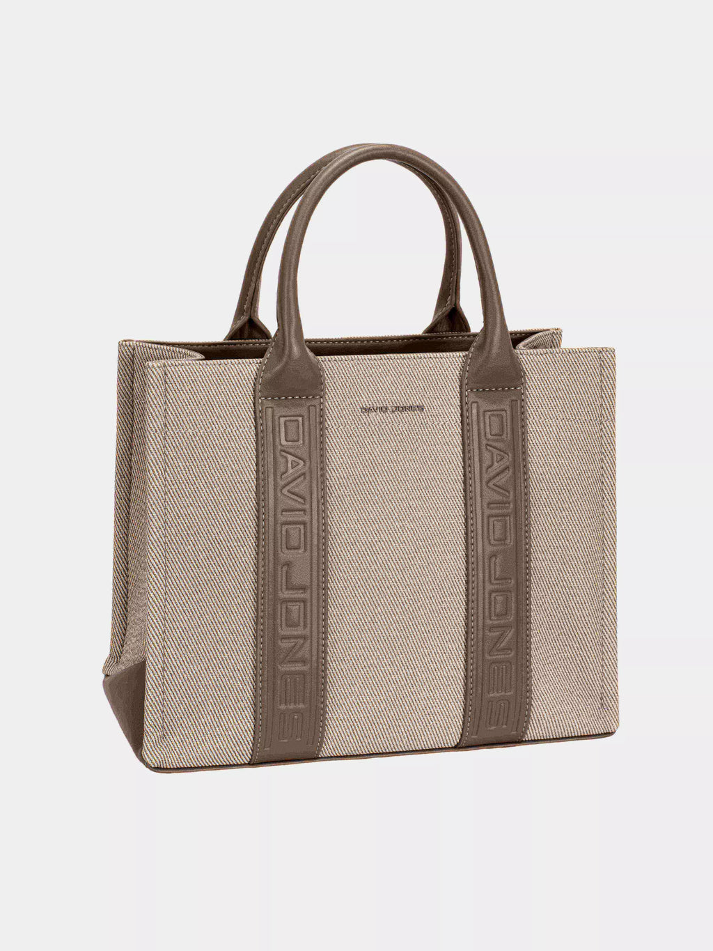 David Jones light beige canvas tote with contrast leather handles and embossed vertical logo panels