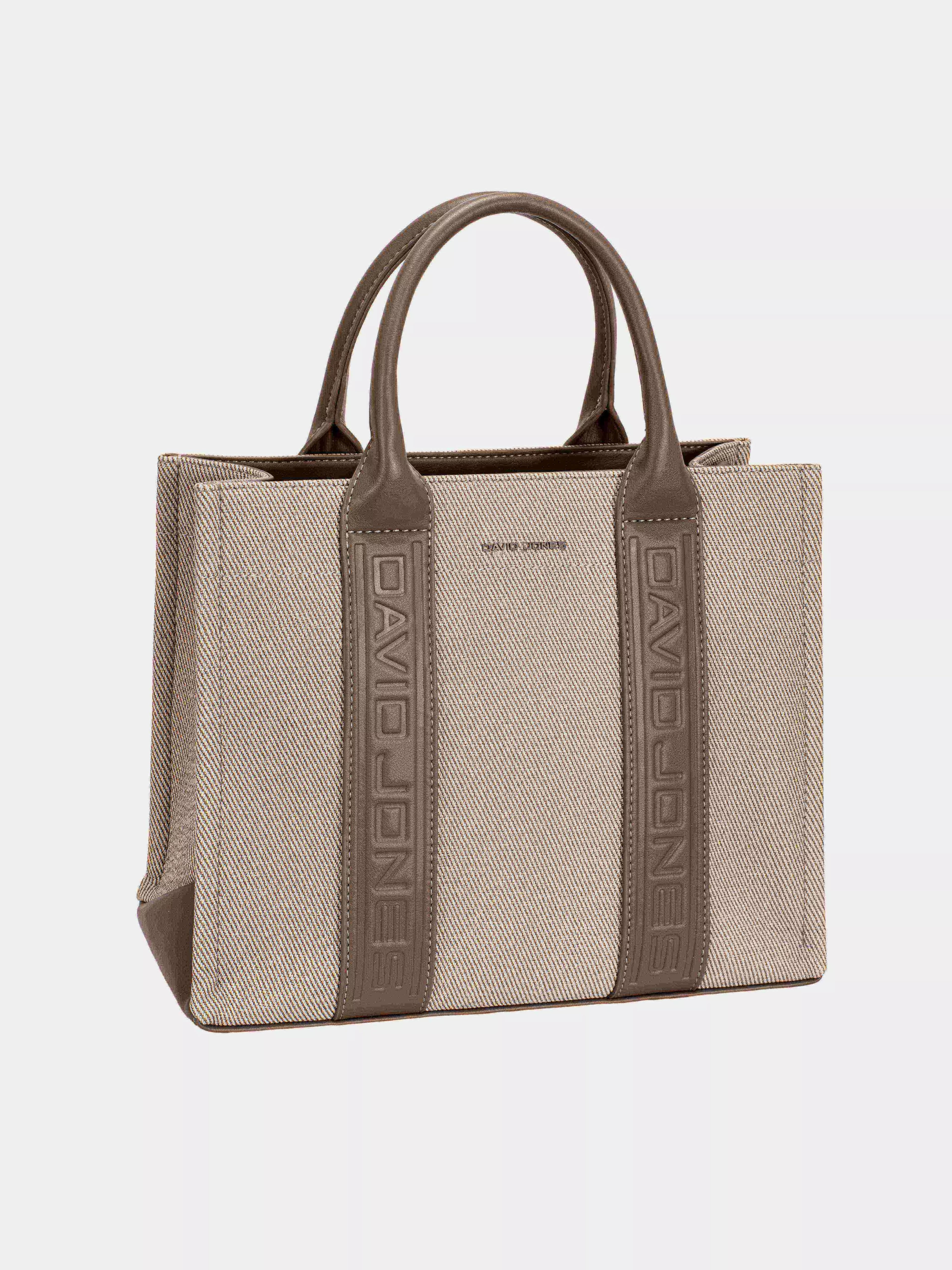 David Jones light beige canvas tote with contrast leather handles and embossed vertical logo panels