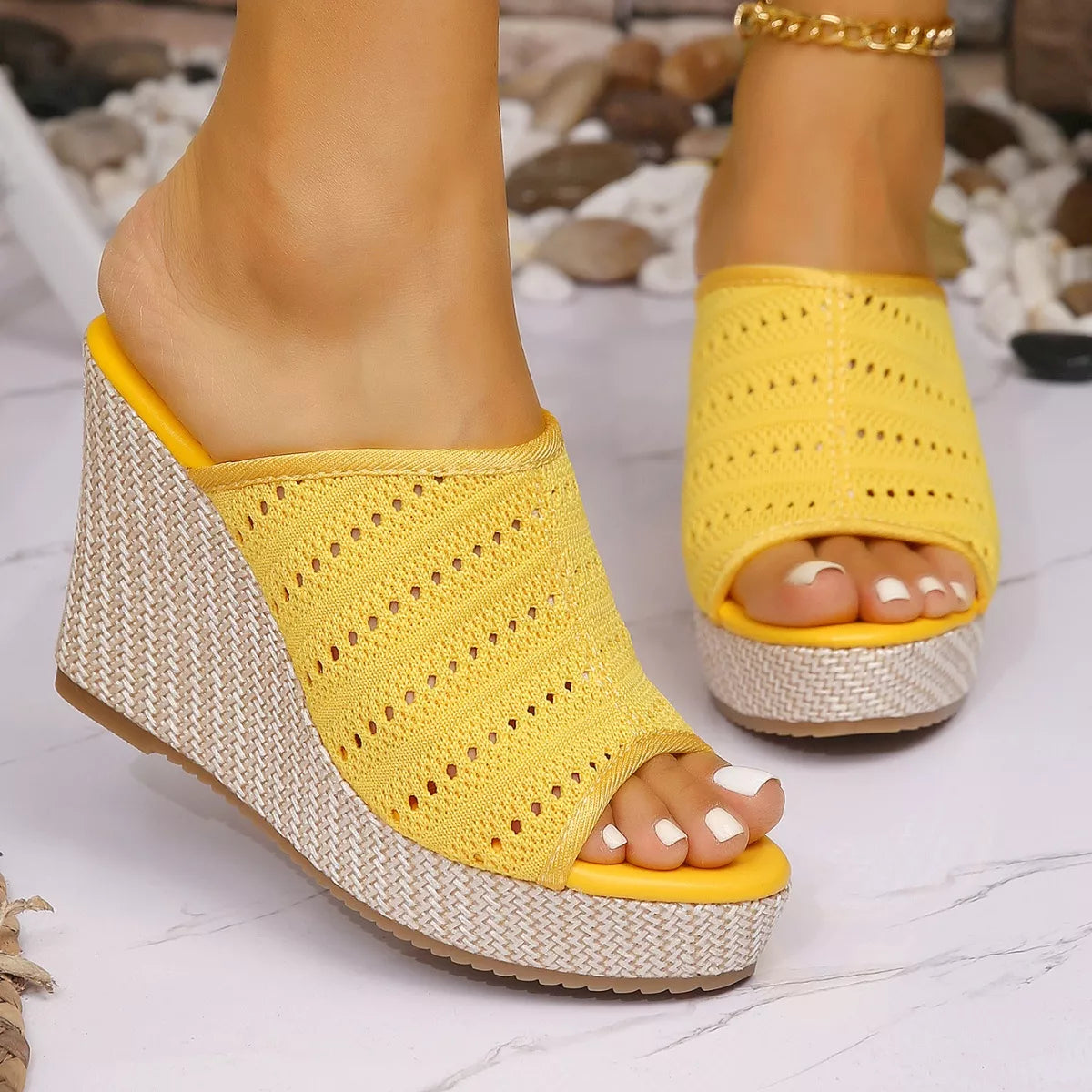 Open Toe Wedge Sandals in Yellow, knit upper with perforations, platform wedge heel
