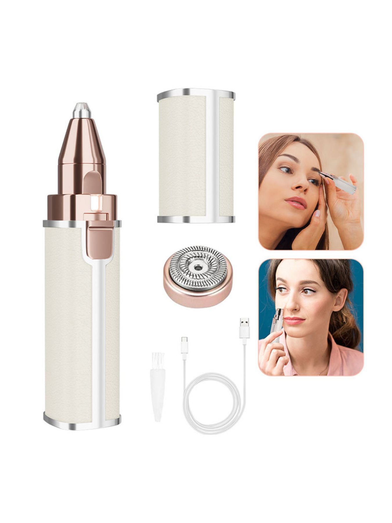 Beige portable eyebrow trimmer with charging cable and replacement trimmer head