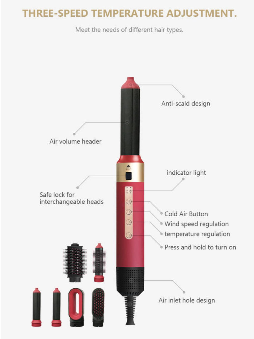 Deep red 5-in-1 hot air brush with temperature and wind controls, plus attachments
