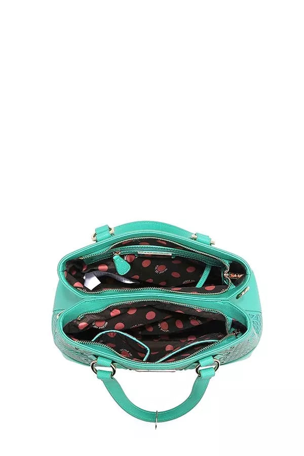 Teal-green monogram handbag with rhinestone-style decor and double top zip