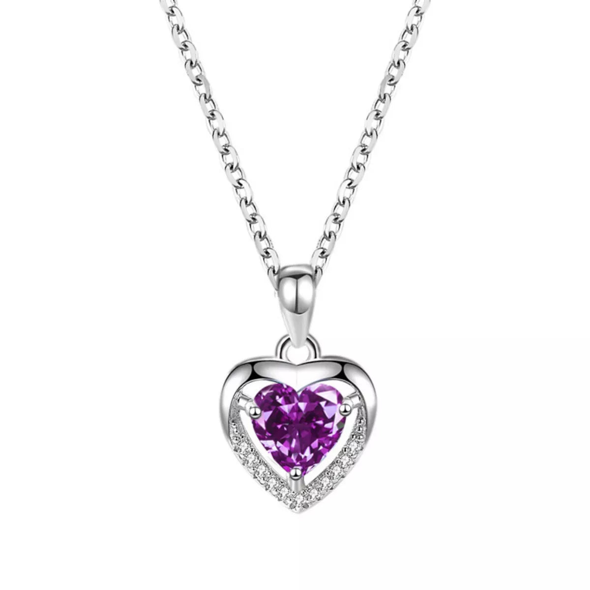 Silver heart pendant with lavender purple zircon center and pavé halo edge