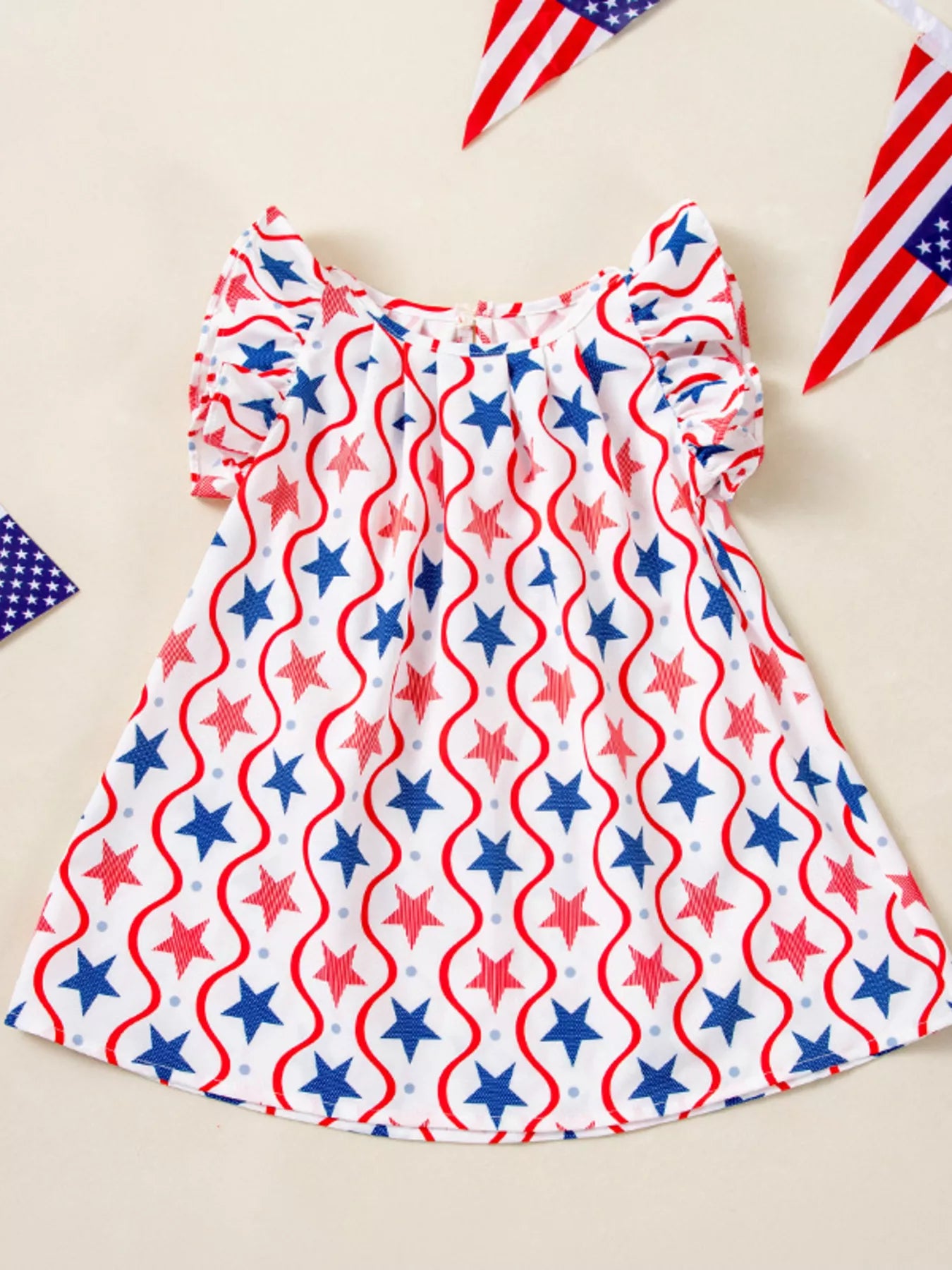 Patriotic star-print flare dress with short ruffle sleeves and gathered neckline