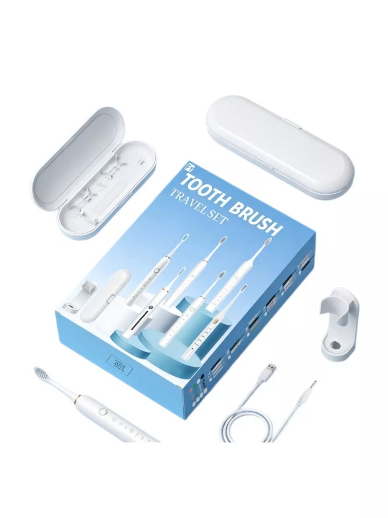 White electric toothbrush travel set kit with case, cords, and multiple heads