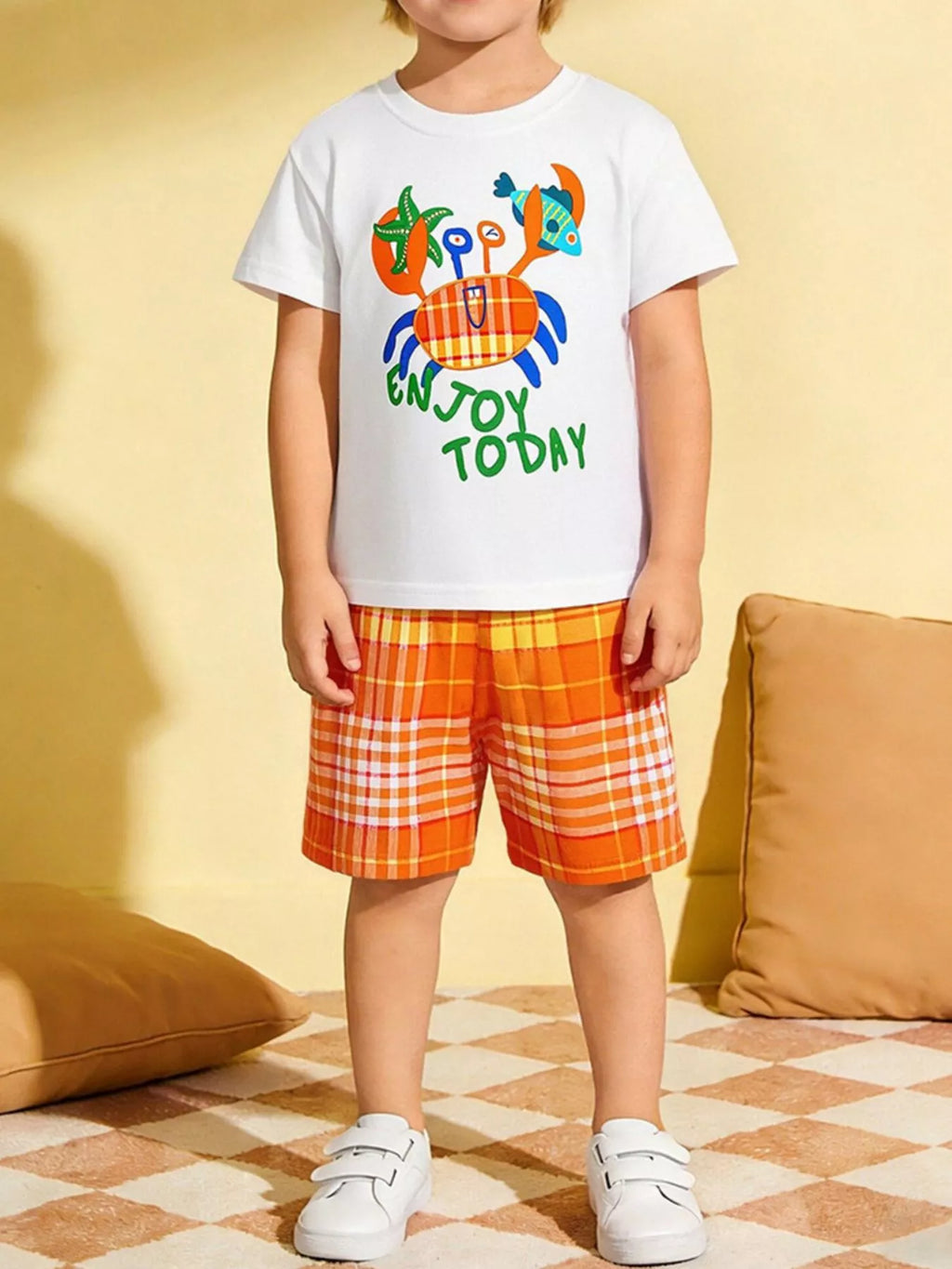 White kids crab graphic tee and orange plaid shorts set, printed “ENJOY TODAY”