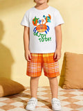 White kids crab graphic tee and orange plaid shorts set, printed “ENJOY TODAY”