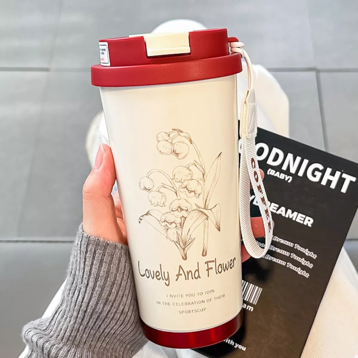 Lovely and Flower tumbler with straw, cream body and red top ring detail