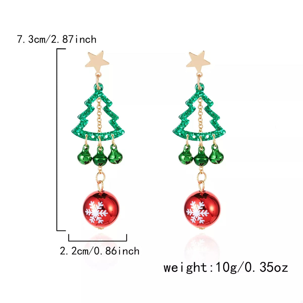 Christmas tree ball drop earrings size shown: 7.3 cm length, gold star and red bauble