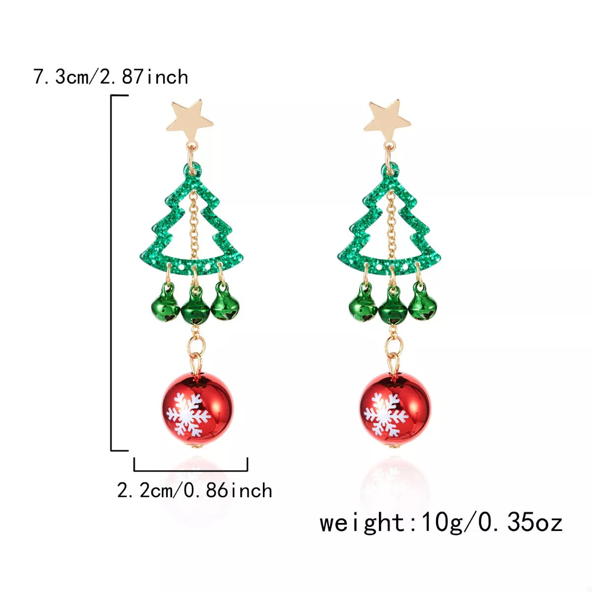 Christmas tree ball drop earrings size shown: 7.3 cm length, gold star and red bauble