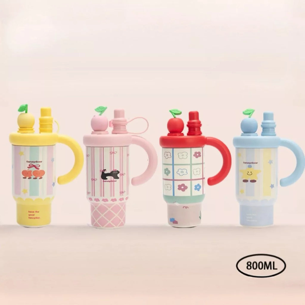 Cartoon water bottle set, straw and handle, 800 ml—yellow, pink, red, blue