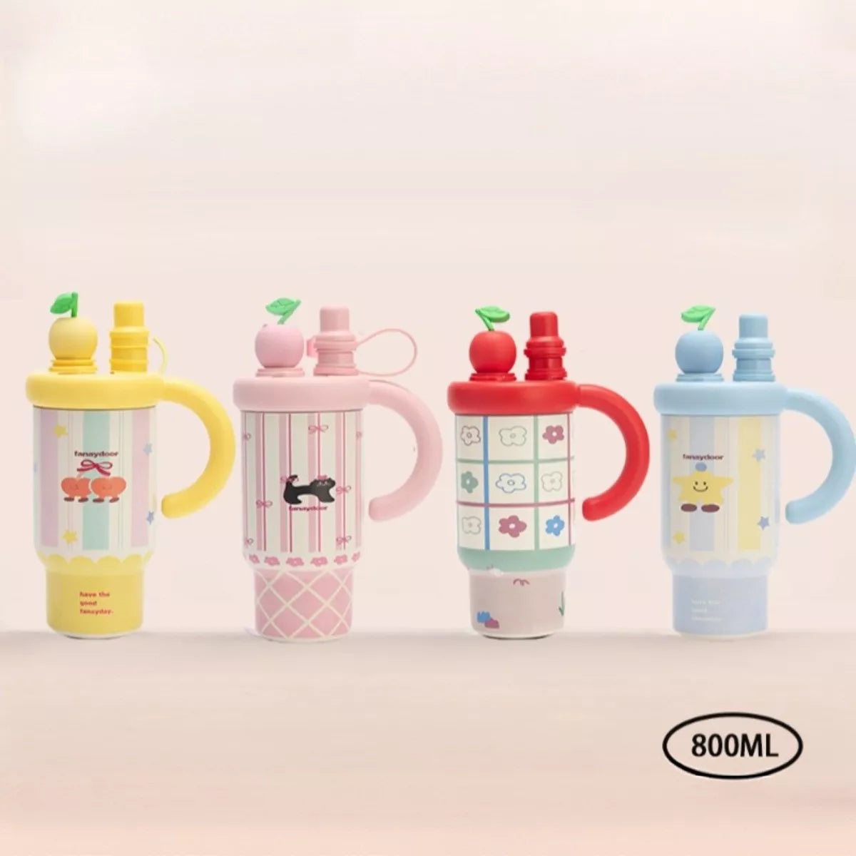 Cartoon water bottle set, straw and handle, 800 ml—yellow, pink, red, blue