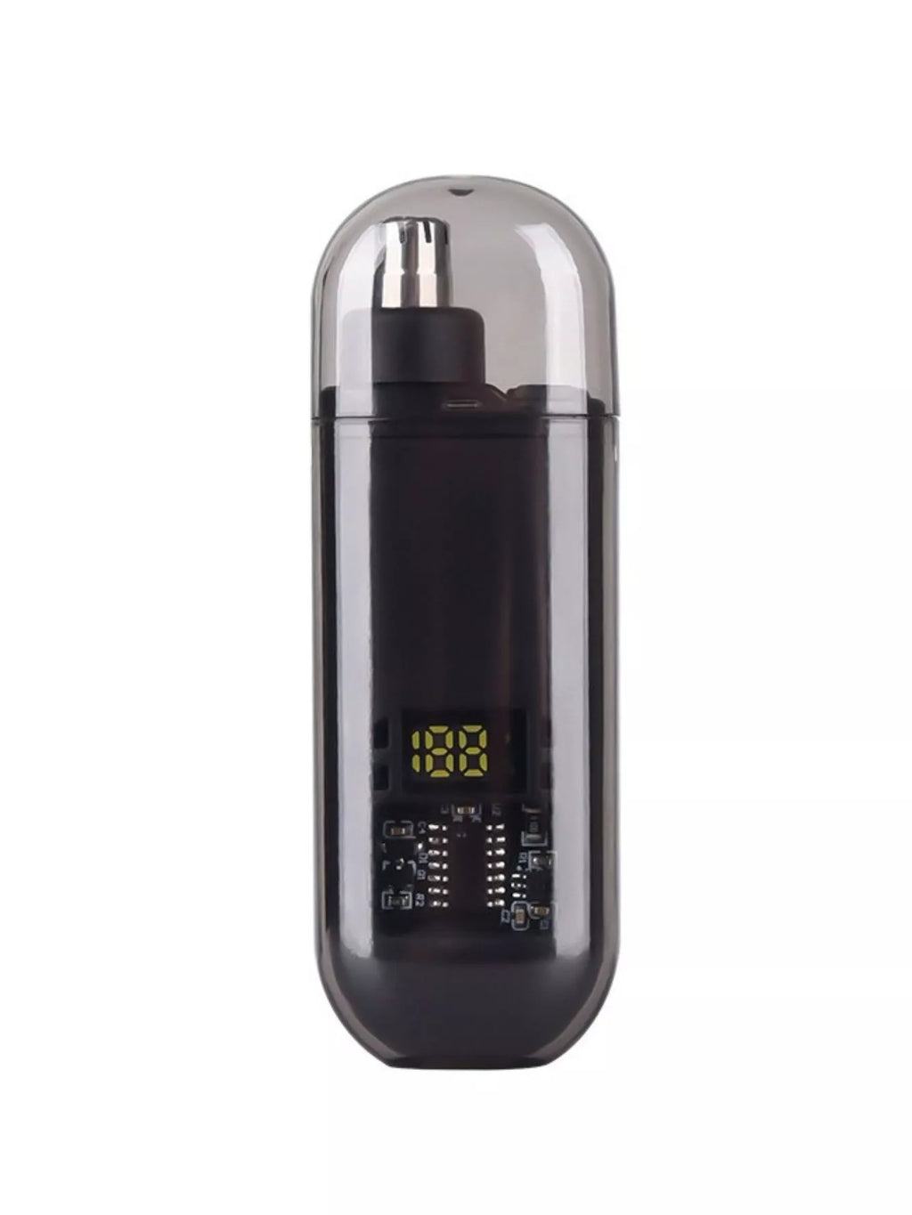 Rechargeable LED nose hair trimmer in black housing with yellow LED display