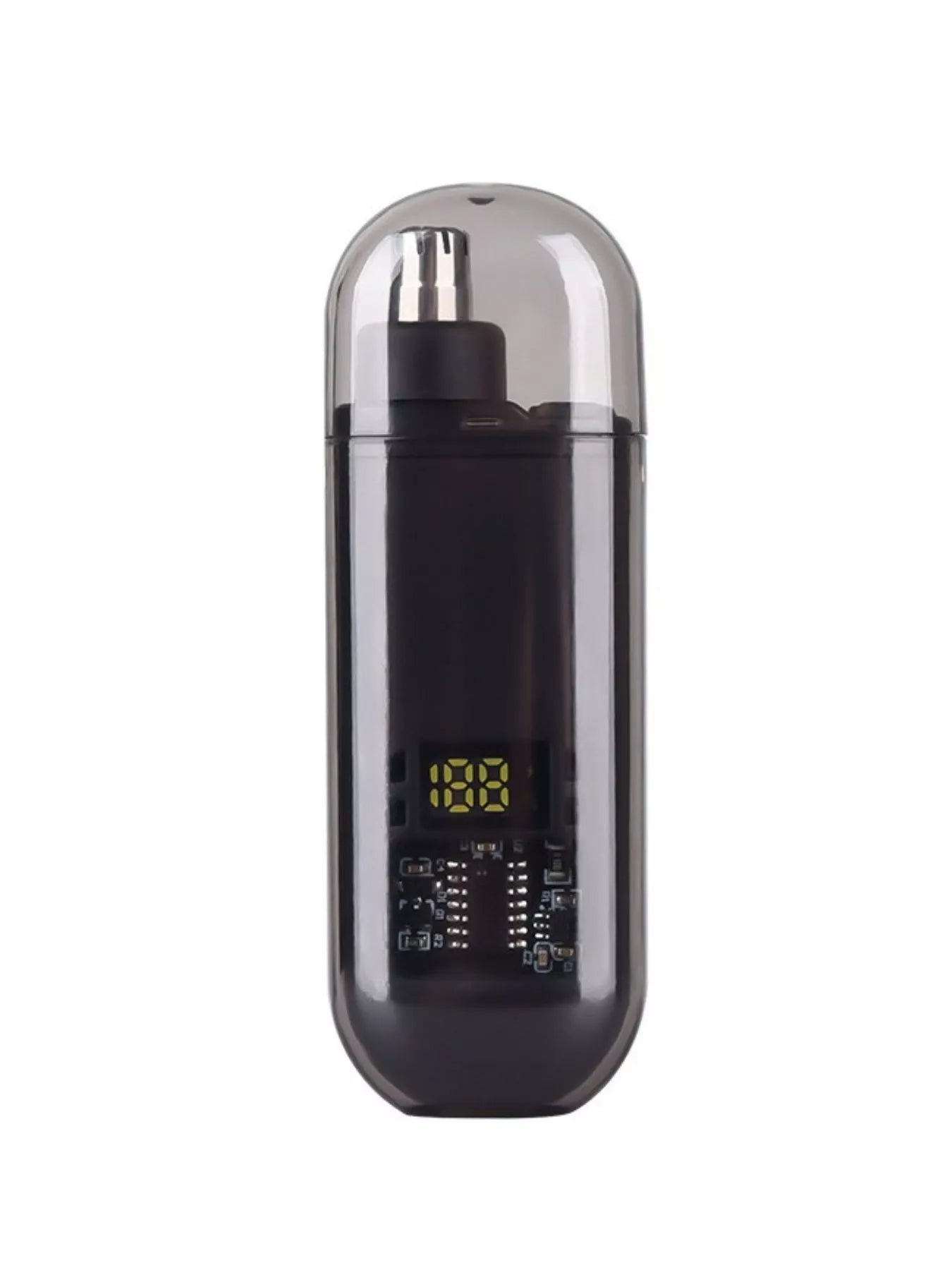 Rechargeable LED nose hair trimmer in black housing with yellow LED display