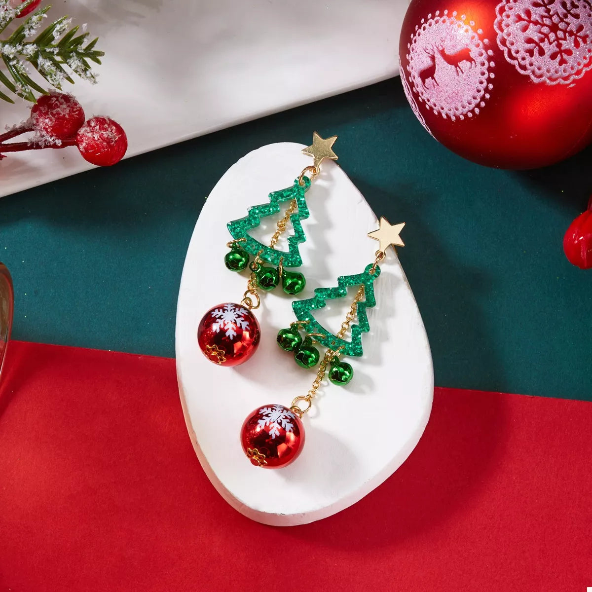 Christmas tree ball drop earrings with gold stars, green trees, and red baubles