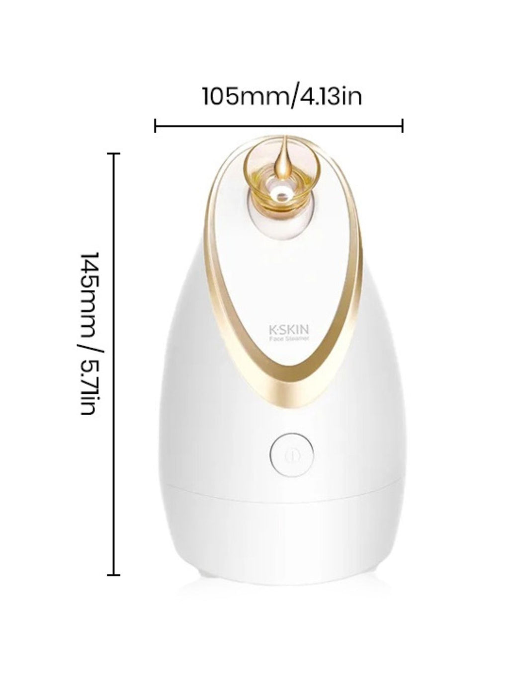 White facial steamer dimensions shown: 105mm width and 145mm height