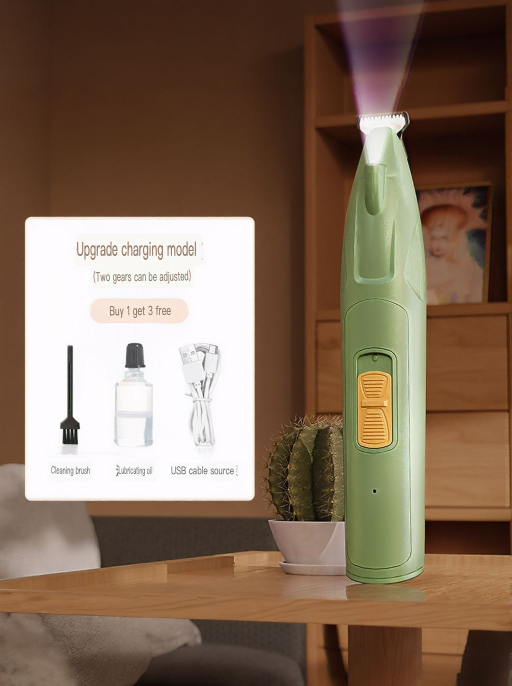 Green rechargeable pet paw trimmer with LED indicator and adjustable power switch