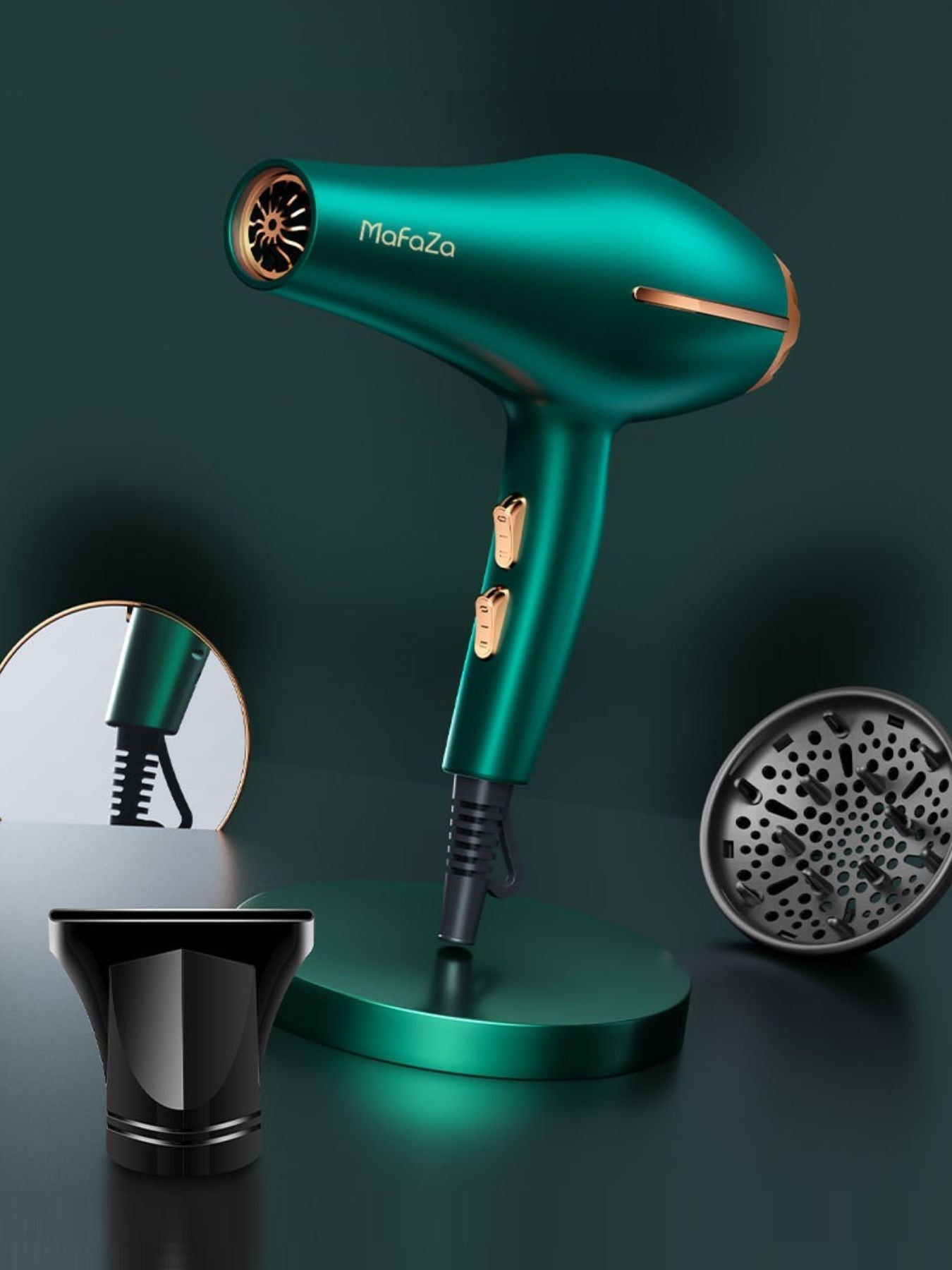 Adjustable temperature hair dryer, grünes Gehäuse mit goldfarbenem Spritzschutzgitter
