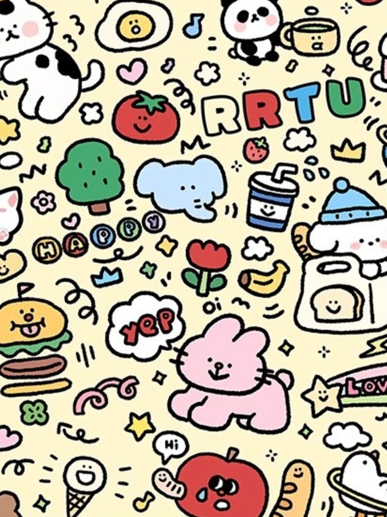 Cartoon pet bath towel fabric with mixed animals, hearts, stars, and doodle icons