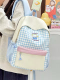 Blauer Cartoon-Gingham-Rucksack mit weißem Umschlag und rosa Fronttasche