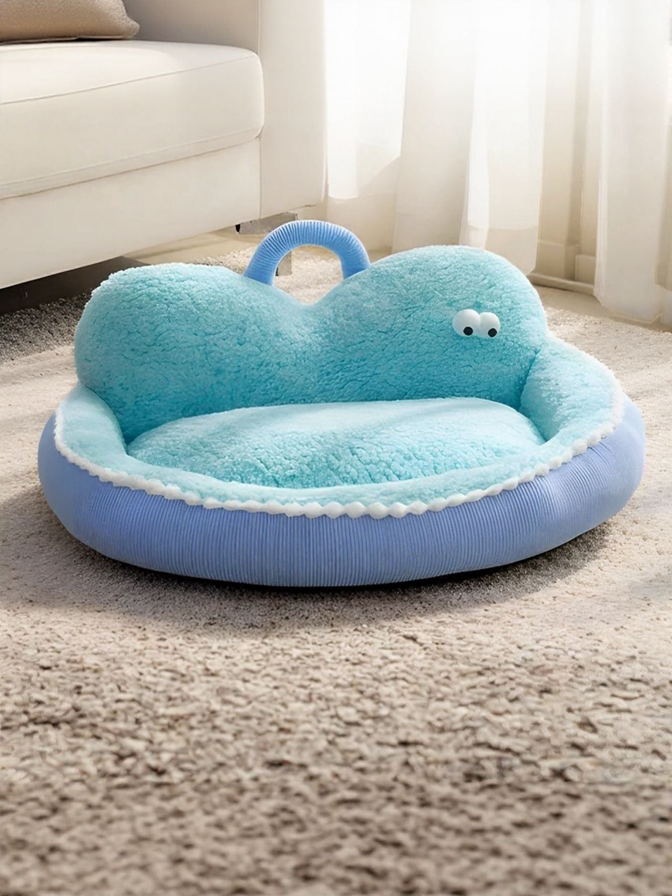 Cartoon Design Cozy Pet Nest, light blue sofa nest with handle and cute face