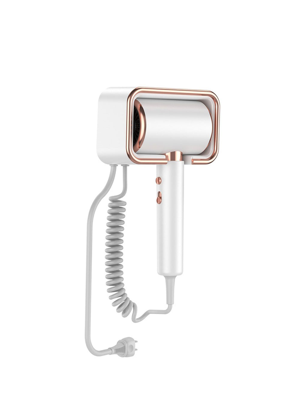White multi-speed hair dryer with rose-gold nozzle, spring cord, and plug