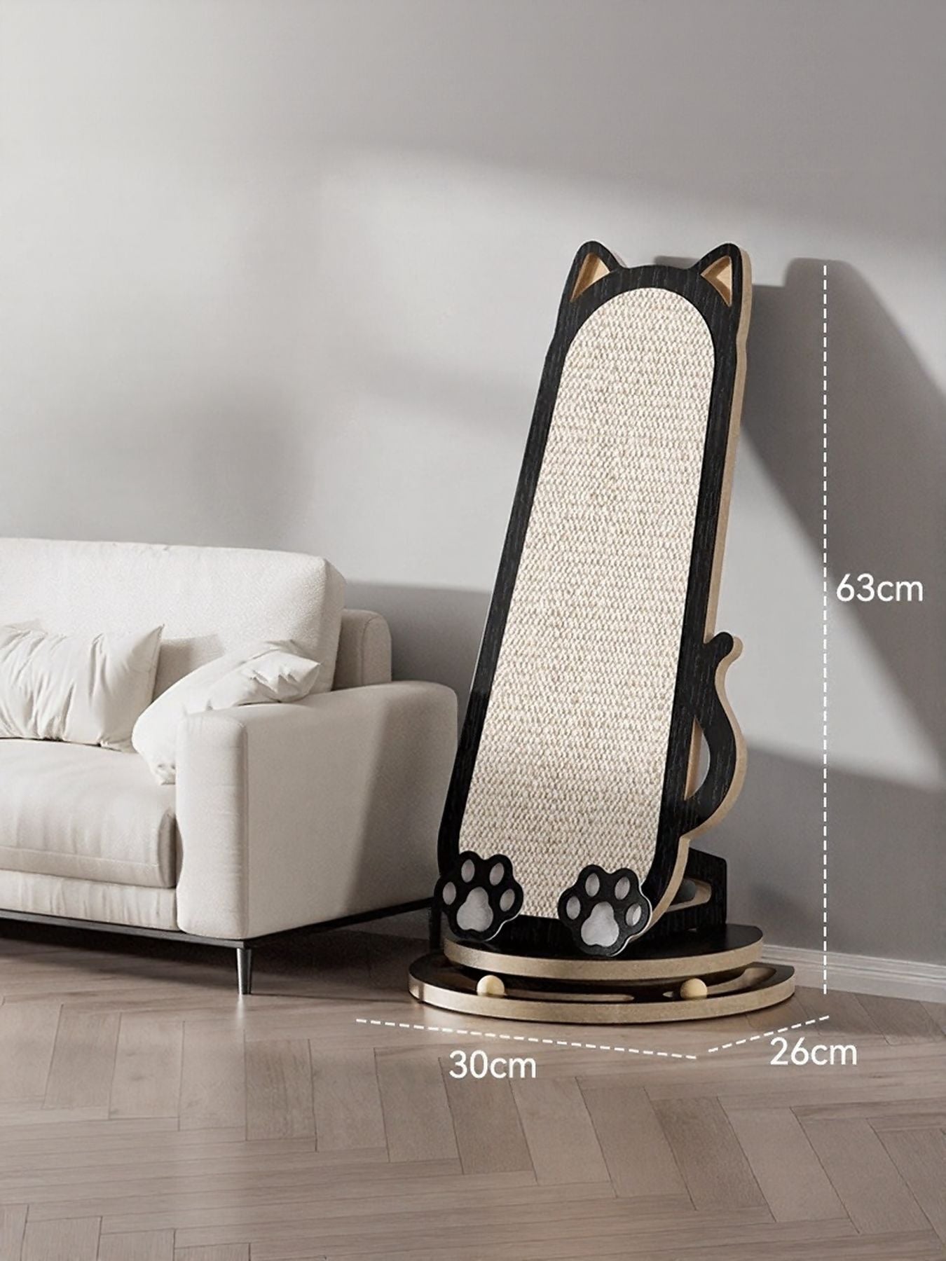 Cat scratching post on circular base with beige sisal panel and black paw prints