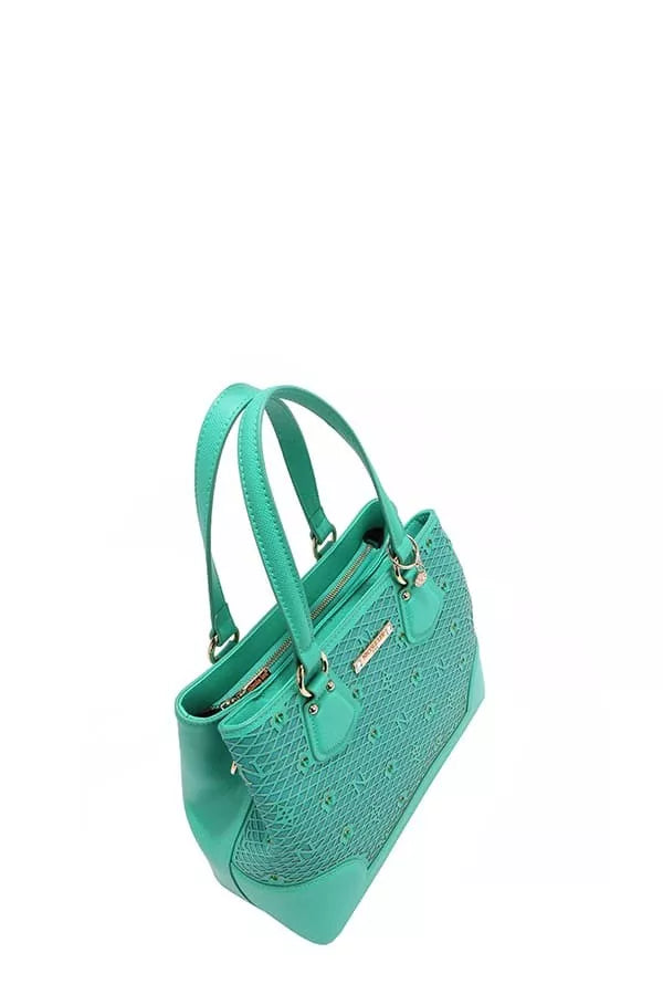 Rhinestone monogram handbag with twin top handles, teal-green finish