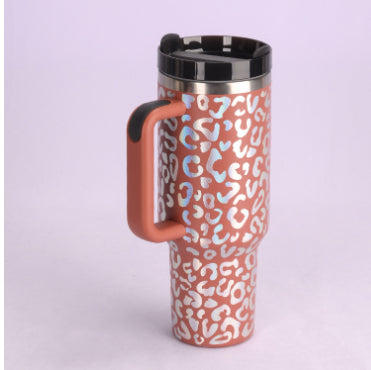 40 oz Tumbler mit Griff, orange, Leopardenmuster, schwarzer Deckel mit Trinkhalm
