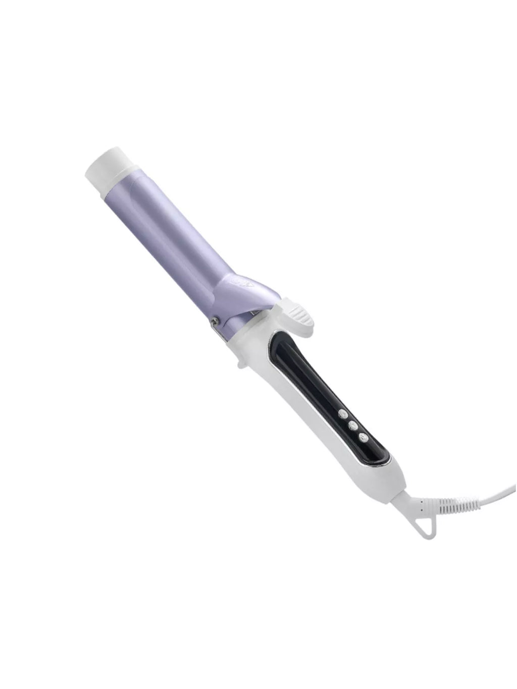 Purple automatic rotating ceramic curling iron, angled view with power cord.