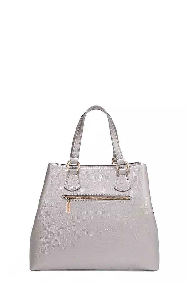 Pewter solid tote handbag with top handles and small front zip pocket