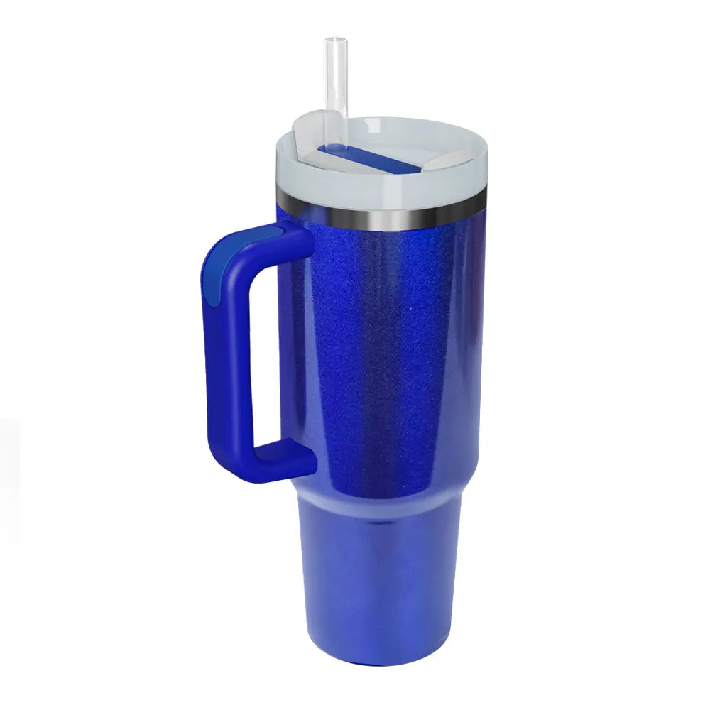 Royal blue stainless steel tumbler with handle and straw, silver lid