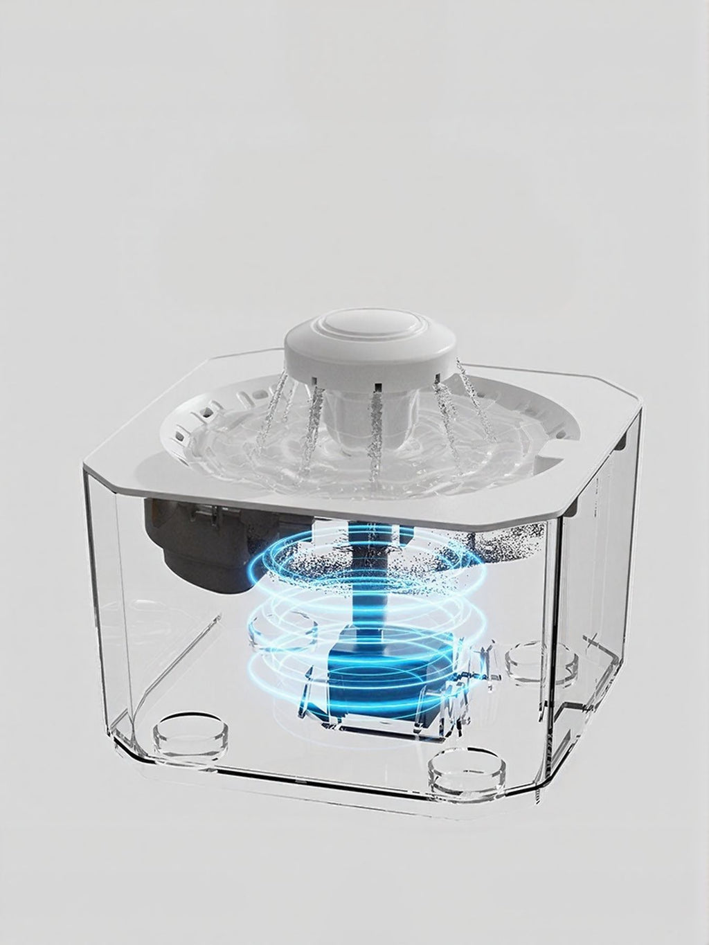 Pet water fountain with white nozzle, visible water circulation inside clear body