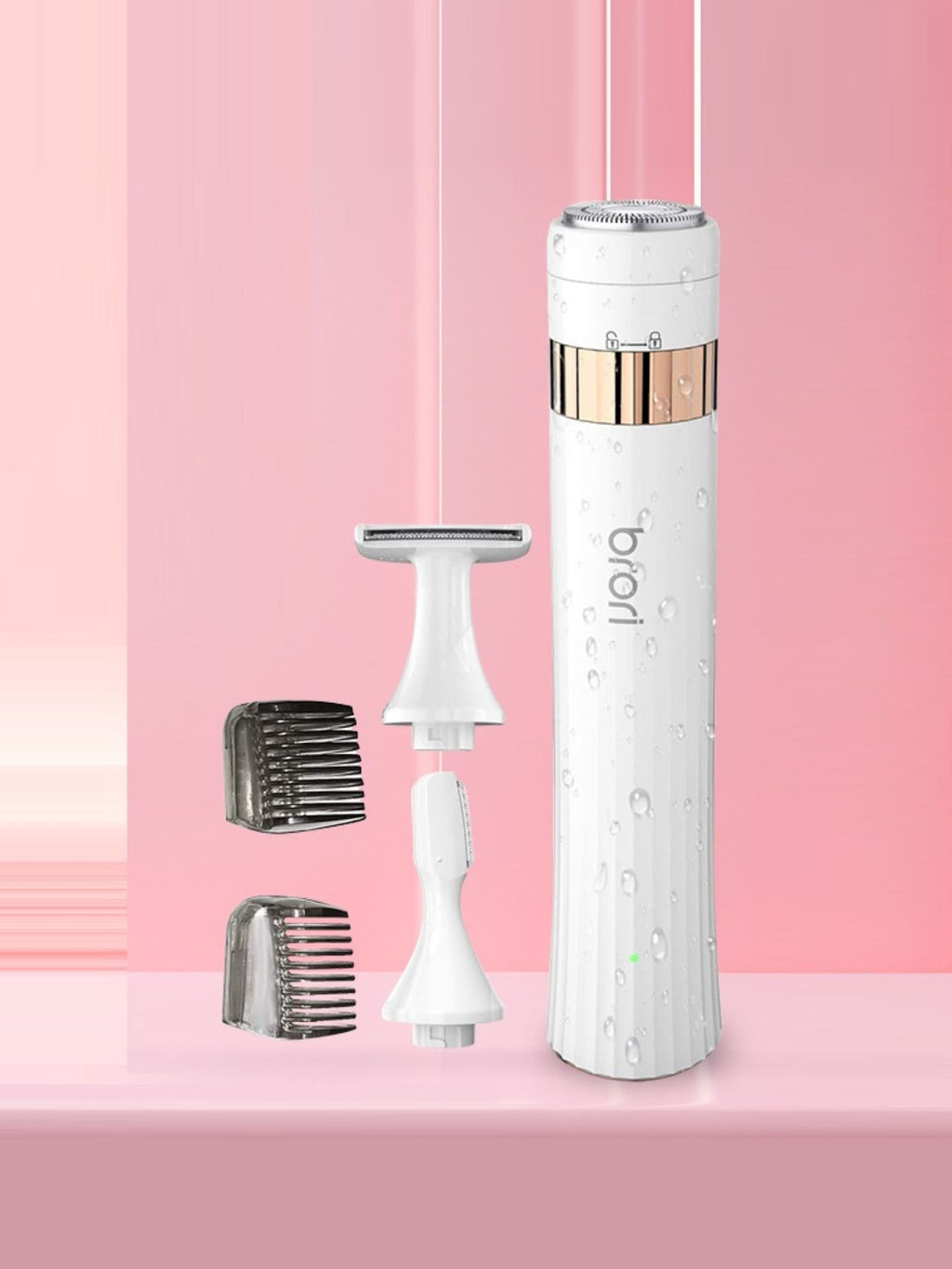 White electric epilator with shaving head and two comb attachments