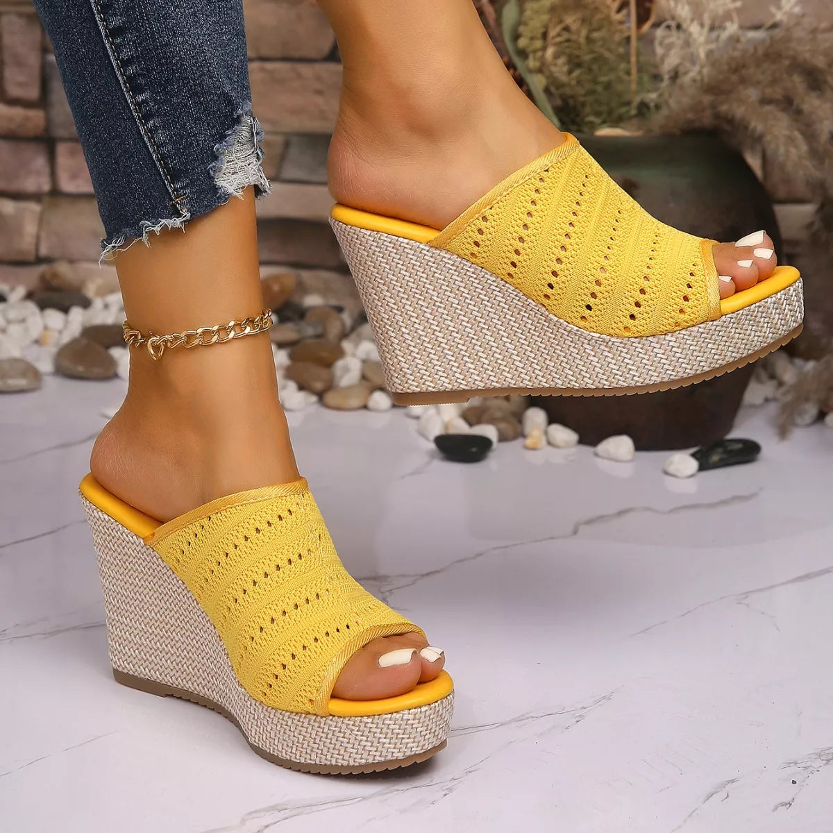 Open Toe Wedge Sandals Yellow, front view with open toe and textured platform wedge