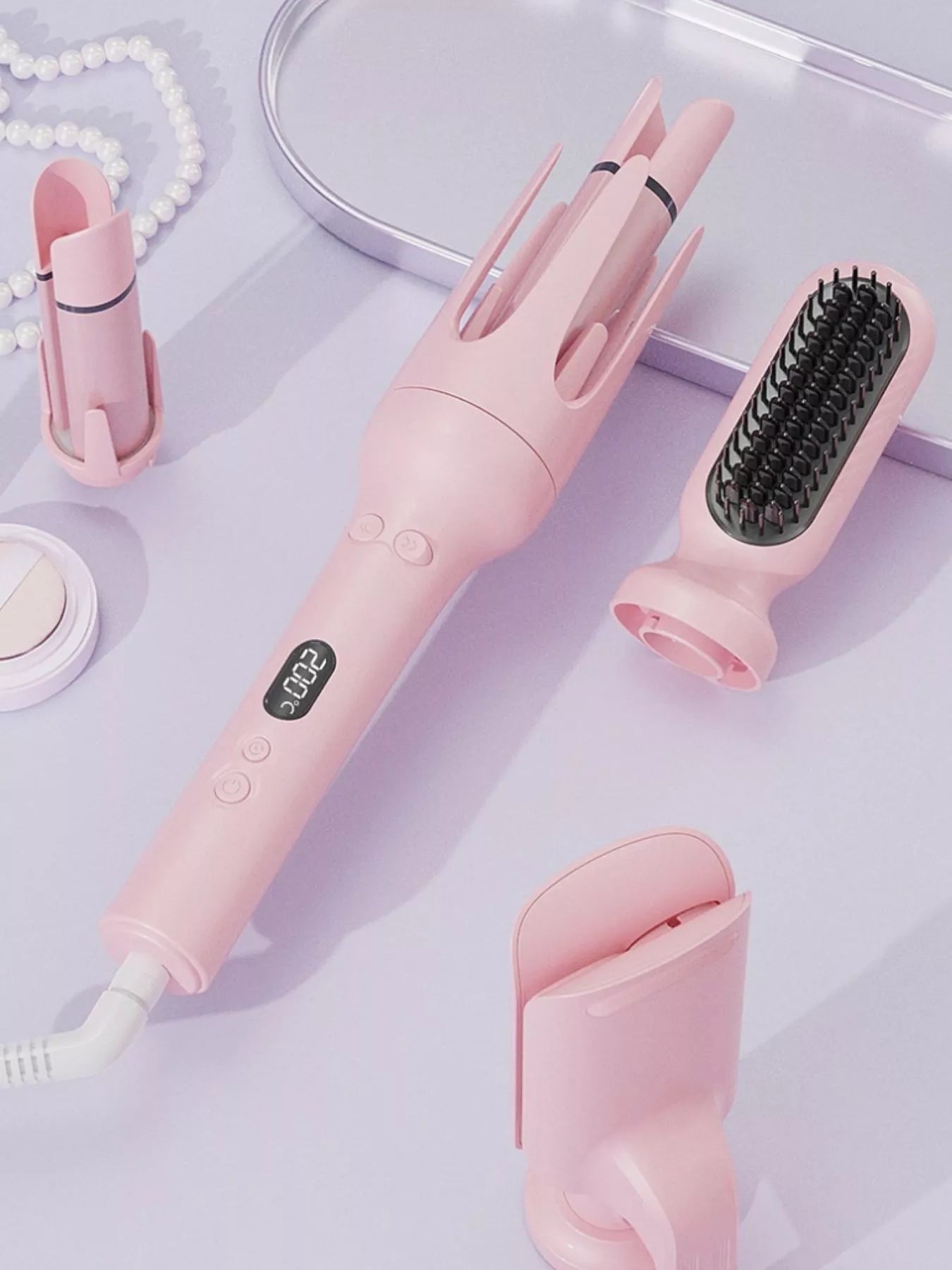 Dusty Pink automatic rotating ceramic hair curler with digital display and brush