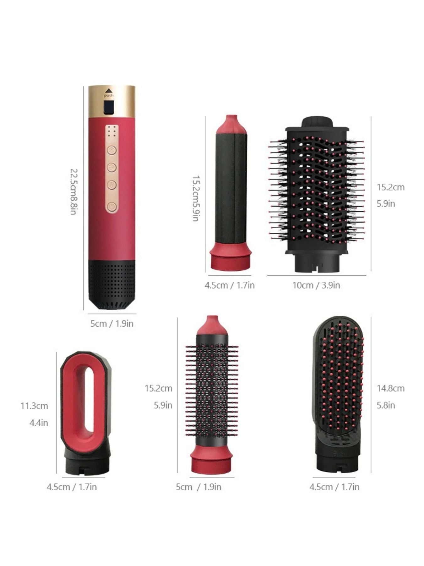 Deep red 5-in-1 hot air brush kit with attachment dimensions and oval brush head