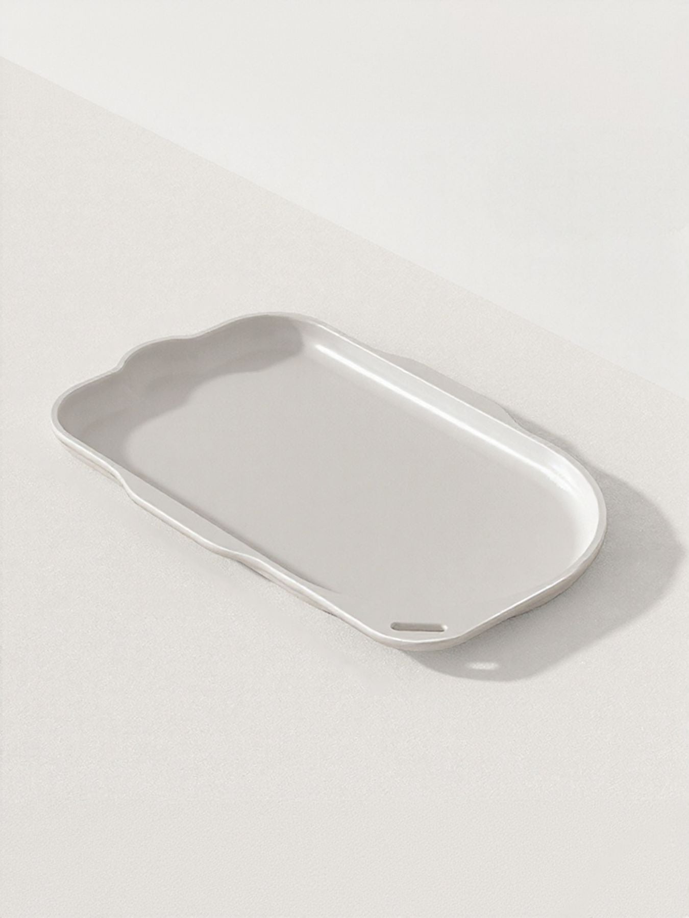 Pet bowl tray with non-slip bottom in light gray, shallow rectangular design